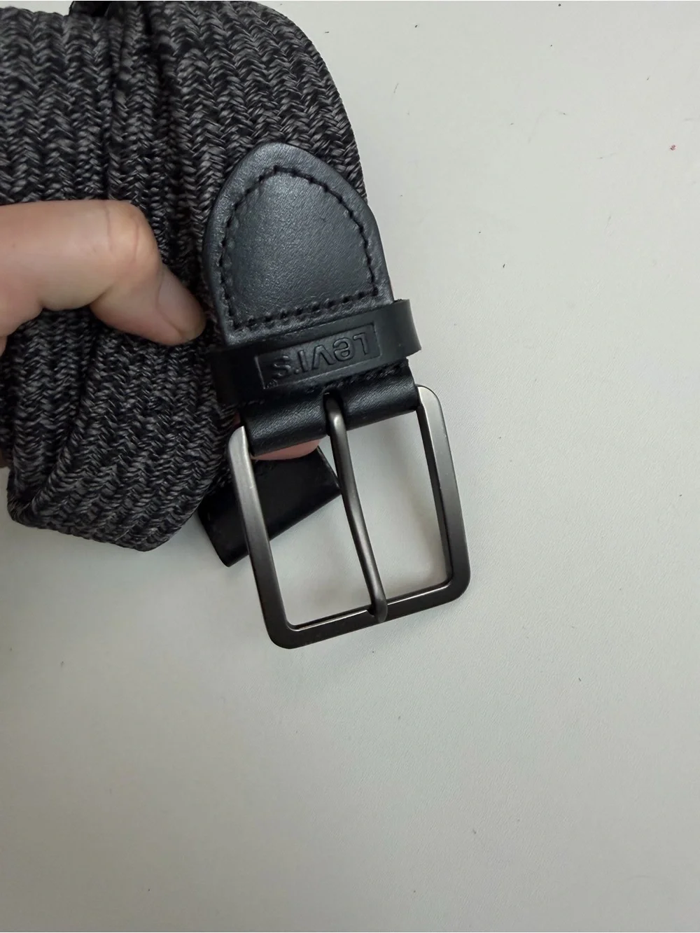 Levis Belt Stretch Knit Leather Gunmetal Buckle Casual Everyday Black Grey 42